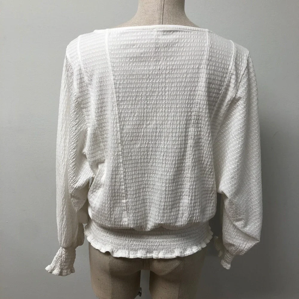 Anthropologie Blouse Women Small White Textured Smocked Hem Keyhole Tie Boho Top